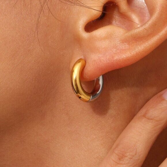 Chunky Mixed Metal Hoop Earrings Gold Silver Reversible Waterproof Hoops Classic - Picture 11 of 13